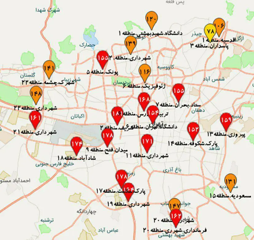 شاخص آلودگی هوای تهران به تفکیک مناطق عصر ۳ دی ۱۴۰۳ | وضعیت هوا قرمز شد