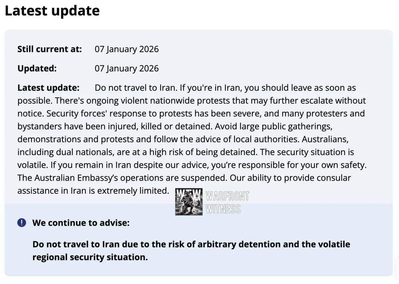 درخواست فوری استرالیا از شهروندان خود در ایران