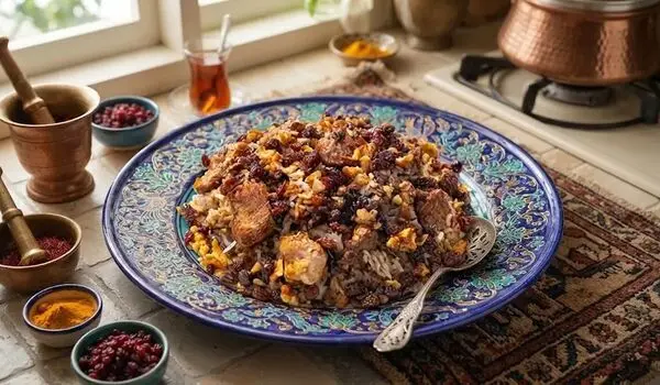 طرز تهیه رب پلو شیرازی با مرغ، گردو و رب انار