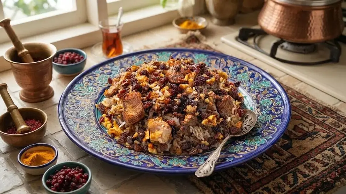 طرز تهیه رب پلو شیرازی با مرغ، گردو و رب انار